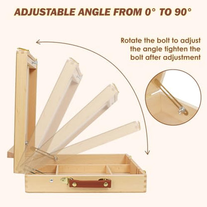 Tabletop Easel for Painting, Adjustable Beechwood Sketchbox with Large Capacity Storage, Portable Desktop Art Easel Stand, Travel Station with Detachable Shoulder Strap for Adults, Artists & Beginners