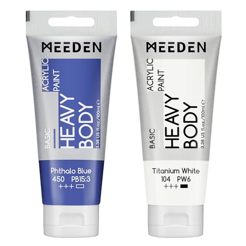 MEEDEN Acrylic Paint Phthalo Blue: Bundled with Titanium White Color - 100ml/3.38oz x 2 Bulk Heavy Body Acrylic Paint Tubes for Model Pumpkin Enamel Rock DIY - color: Phthalo Blue, size: 2 Tubes