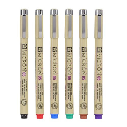SAKURA Fineliner Pen Set of 6 Assorted Colours Waterproof Size 0.45mm