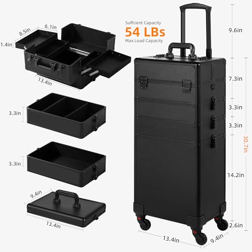 Somduy Rolling Makeup Case, Makeup Train Case with Lid, 5 in 1 Cosmetology Case on Wheels, Christmas Gift, Large Makeup Organizers, Profesional Cosmetic Case for Salon Barber, Black - color: Black