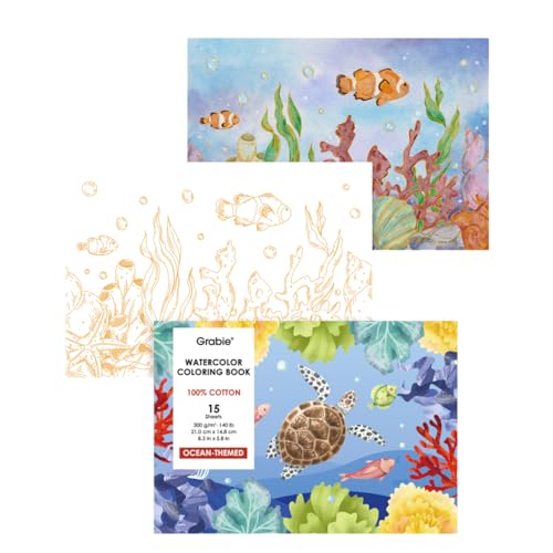 Grabie Watercolor Coloring Book, 15 Sheets A5 (8.3 x 5.8),Watercolor Book for Adults: Ignite Your Artistic Expression on 100% Cotton Paper (Ocean) - color: Ocean