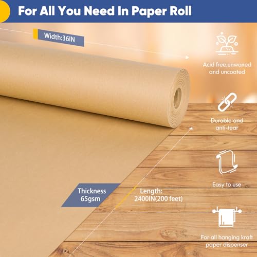 Vanhench 36"x 2400" (200') Brown Wrapping Paper Roll, Bulletin Board Paper Kraft/Craft Paper, Birthday Valentines Bouquet Flower Gift Packing Art Poster Crafting Moving Shipping Supplies, 70GSM 55LB - color: Brown, size: 36" X 200'