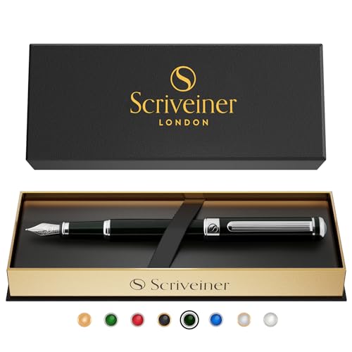 Scriveiner Black Green Fountain Pen - Stunning Luxury Pen with Chrome Finish, Schmidt Nib (Medium), Best Pen Gift Set for Men & Women, Professional, Executive, Office, Nice Pens - color: 13. Very Dark Black Green with Chrome, style: Medium Nib