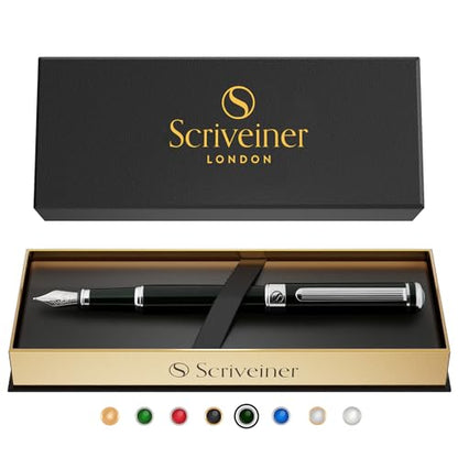 Scriveiner Black Green Fountain Pen - Stunning Luxury Pen with Chrome Finish, Schmidt Nib (Medium), Best Pen Gift Set for Men & Women, Professional, Executive, Office, Nice Pens - color: 13. Very Dark Black Green with Chrome, style: Medium Nib