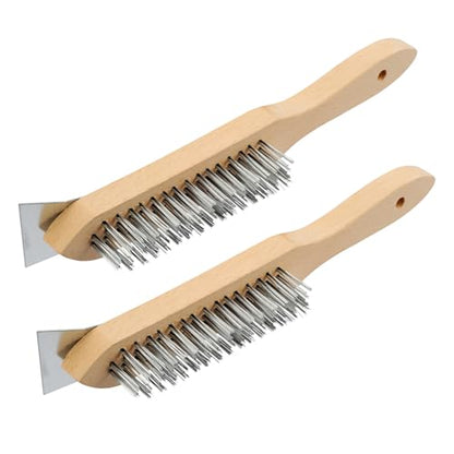 MAXMAN Stainless Steel Wire Scratch Brush, 12 Inch Wooden Handle Wire Brush with Metal Scraper, Heavy Duty Wire Brushes for Cleaning Rust, Paint Scrubbing, Dust and Other Hard Surfaces 2 Pieces - style: Stainless Steel Bristles