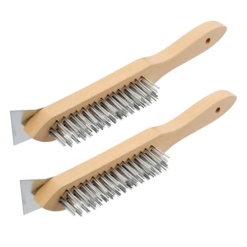 MAXMAN Stainless Steel Wire Scratch Brush, 12 Inch Wooden Handle Wire Brush with Metal Scraper, Heavy Duty Wire Brushes for Cleaning Rust, Paint Scrubbing, Dust and Other Hard Surfaces 2 Pieces - style: Stainless Steel Bristles