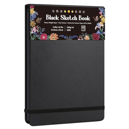 50 Sheets Black Paper Sketchbook, 98lb/160gsm Heavyweight Black Sketch Pad 5.8×8.3in, Acid-Free Drawing Paper, Spiral Bound Sketch Book for Kids, Teens, Artist - size: 5.8×8.3 Inch (1 pack)