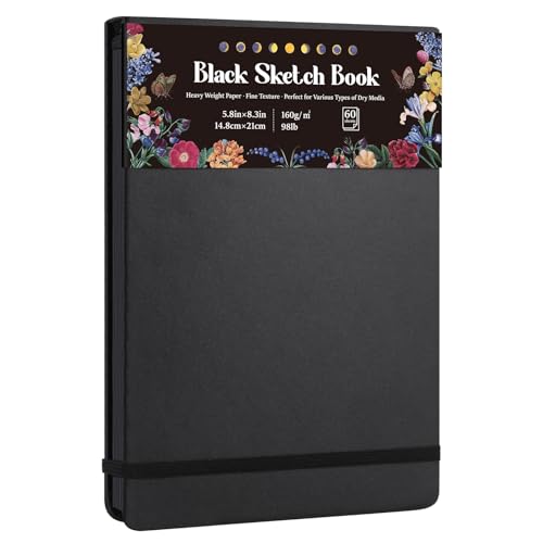 50 Sheets Black Paper Sketchbook, 98lb/160gsm Heavyweight Black Sketch Pad 5.8×8.3in, Acid-Free Drawing Paper, Spiral Bound Sketch Book for Kids, Teens, Artist - size: 5.8×8.3 Inch (1 pack)