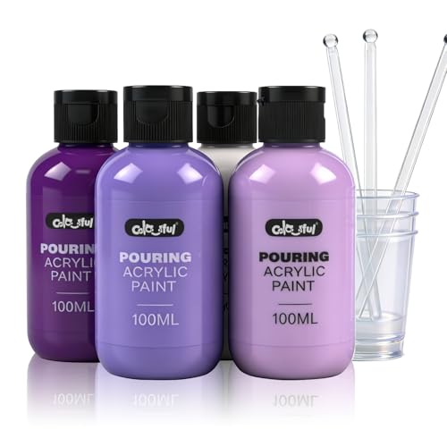 Colorful Purple Series Acrylic Pouring Paint Set, 3.34 oz./100 ml Bottles of 4 Colors with Cups, Sticks & Gloves, Fluid Ready Pour Paints Perfect for DIY Arts and Crafts Projects - color: Purple Color