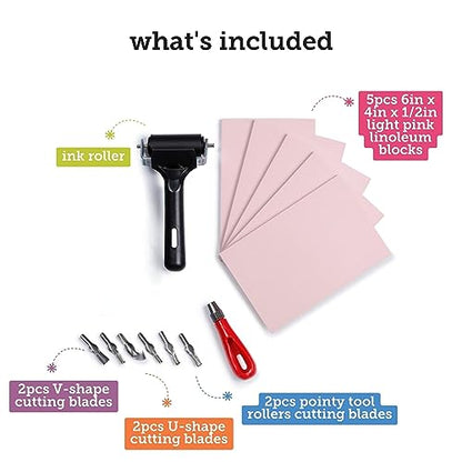 Incraftables Linocut Block Printing Kit for Stamp Making - 5 Soft 4"x6" Rubber Blocks, 6 Carving Blades, & Brayer Roller -Linoleum Block Printing Stamp Kit for Beginners, Adults Crafts