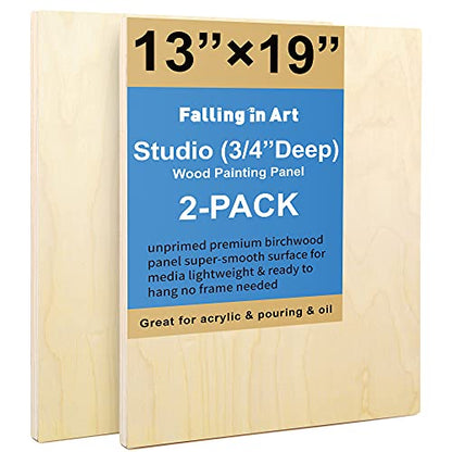 Unfinished Birch Wood Canvas Panels Kit, Falling in Art 2 Pack of 13x19’’ Studio 3/4’’ Deep Cradle Boards for Pouring Art, Crafts, Painting, and More - size: 13*19 2-pack
