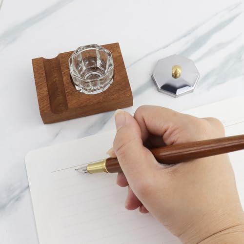Crapyt Ink Well for Dip Pen Calligraphy Holder Dip Pen Holder Wood Desktop Pen Holder Calligraphy Oblique Nib Holder 2.83"×2.01"×0.79" Pen Rest