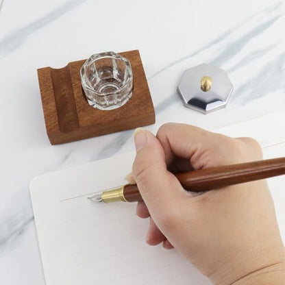 Crapyt Ink Well for Dip Pen Calligraphy Holder Dip Pen Holder Wood Desktop Pen Holder Calligraphy Oblique Nib Holder 2.83"×2.01"×0.79" Pen Rest