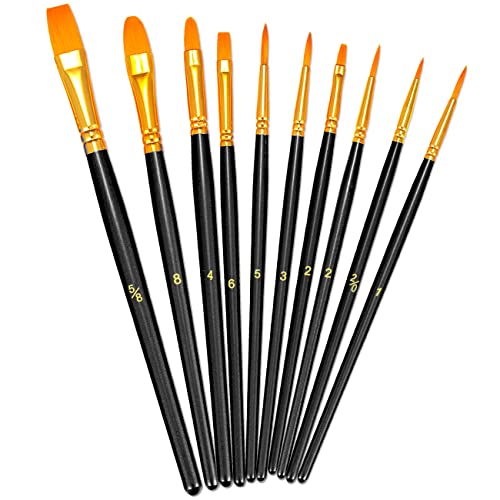 BOSOBO Paint Brushes Set, 10 Pieces Round Pointed Tip Paintbrushes Nylon Hair Artist Acrylic Paint Brushes for Acrylic Oil Watercolor, Face Nail Body Art, Miniature Detailing & Rock Painting, Black - color: Black, size: 1 Pack