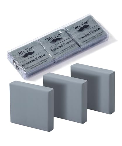 Mr. Pen- Kneaded Erasers, 1.44" x 1.36", 3 Pack, Gray | Soft Moldable Art Erasers for Charcoal, Graphite & Pastel Drawing, Precision Highlighting, Smudge Control - color: Gray, size: 3 Pack, 1.44" x 1.36"