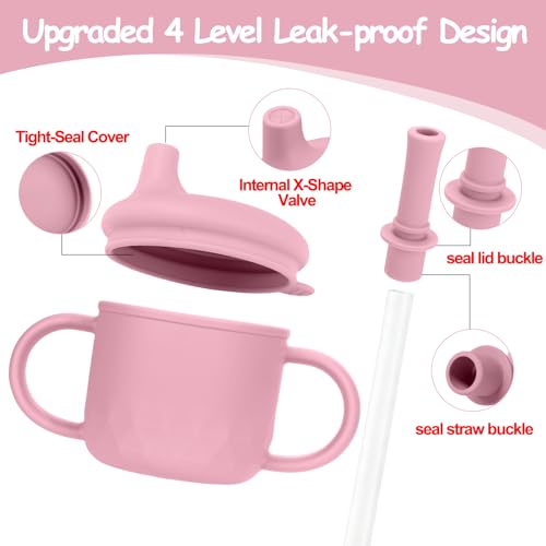 Mity rain 3-In-1 Stainless Steel Sippy Cup for 6+ Month Old, Baby Straw Cups for Toddlers 1-3 with Travel Lid, Silicone Straw, Replacement Straw & Cleaning Brush - 8oz Toddler Cups Spill Proof Set - color: Pink