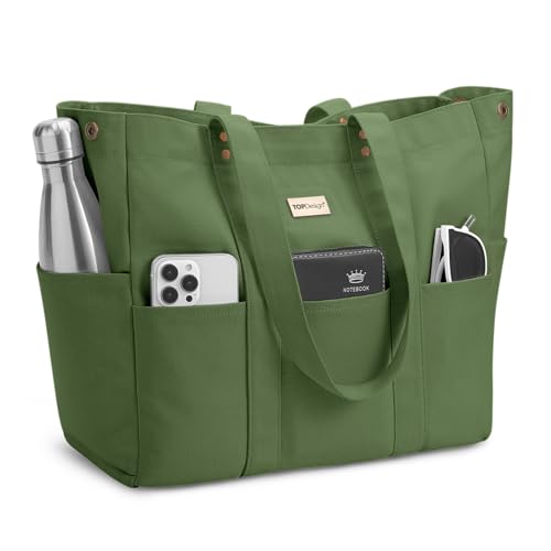 TOPDesign Large Canvas Tote Bag for Women, Shoulder Bag with Laptop Sleeve & Pockets, Everything Tote for Travel, Work (Green) - color: Green