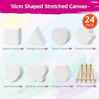 24-Pack 10cm (4") Mini Canvas for Kids, 100% Cotton Acid-Free Stretched Canvases with Easel for Painting, 5/8 Inch Profile 8 Ounce Shaped Canvas for Acrylics,Oils Paints, Perfect for Painting Party - size: 4" Canvas with 3.5x6.3" Easel Set - 24Pack