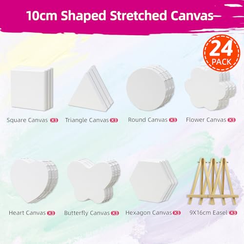 24-Pack 10cm (4") Mini Canvas for Kids, 100% Cotton Acid-Free Stretched Canvases with Easel for Painting, 5/8 Inch Profile 8 Ounce Shaped Canvas for Acrylics,Oils Paints, Perfect for Painting Party - size: 4" Canvas with 3.5x6.3" Easel Set - 24Pack