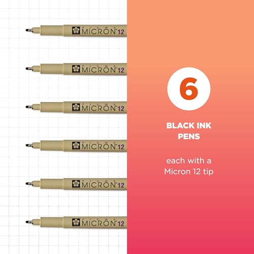 SAKURA Pigma Micron Fineliner Pens, 12 Tip Size, Archival Black Ink, 6 PK 50132 - style: 12 Point Size