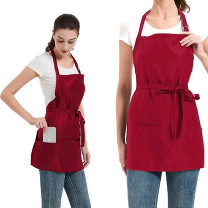 Aprons for Women with 3 Pockets, Cooking Apron with Waterproof Coating, Chef Apron Adjustable Neck Strap - color: Red, 2 Pack