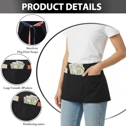 BOHARERS 3-Pocket Waist Apron With American Flag Print Straps - Black Waitress Waiter Server Short Aprons - color: A2-1 Pack American Flag Print Straps