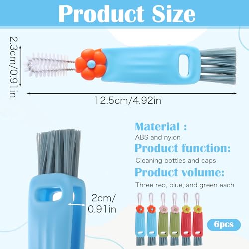 Hecila 3 in 1 Cup Lid Cleaning Brush Cup Lid Cleaning Brush 6PCS Multifunctional Bottle Cleaner Brushes 180° Rotatable Hangable Cups Crevice Cleaner Portable 3 Colors Home Kitchen Crevice Brushes