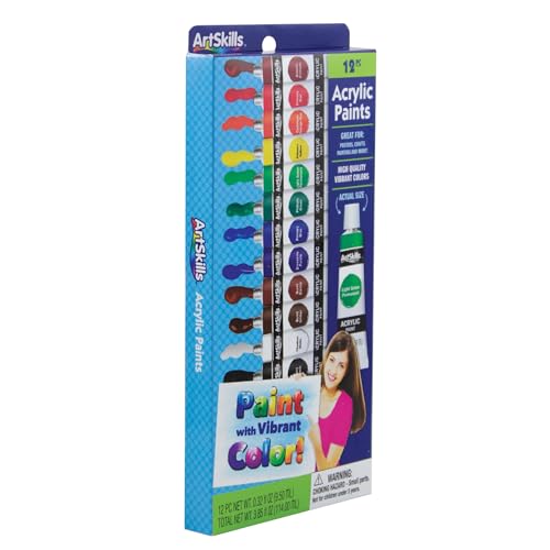ArtSkills Premium Acrylic Paints, Arts and Crafts Supplies, Assorted Colors, 0.32 fl oz Each, 12 Count (PA-2039)