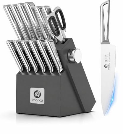 imarku 14-Piece Knife Set with Block, One Set for Meat, Fish, Veggies & Bread, Glides Through Every Cut, High Carbon Stainless Steel with Built-in Sharpener, Dishwasher Safe, utility knives - color: Black, size: 14 Pcs