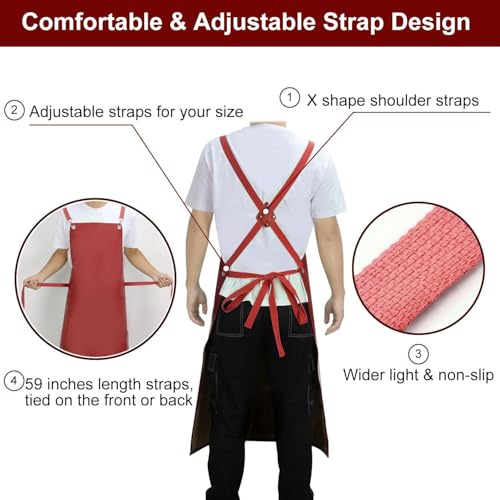 SHEOMERN Waterproof Rubber Aprons for Women, Heavy Duty Vinyl Dishwasher Apron Adjustable Cross Back Strap for Dishwasher, Butcher, Dog Grooming, Chemical Resistant, 43" Long Thicker Apron Red - color: Red