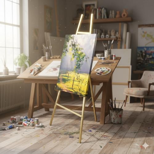 Gold Metal Easel Stand, Adjustable Floor Display Stand for Signs, Art, Mirrors, Posters, Foldable and Portable for Wedding, Home and Event Decor (Gold)