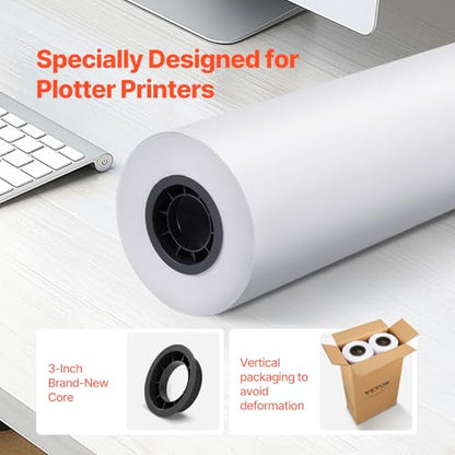 VEVOR Wide Format Paper, 24 in x 500 ft Plotter Paper, 2 Rolls CAD Bond Rolls with 3 in Core, 20 LB Bond Paper Rolls, Idea for CAD Drawings, Engineering Plans, GIS Maps & Architectural Designs - size: 24 in x 500 ft, style: 2 Rolls