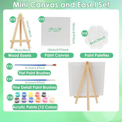 Sigowal 10 Set Canvas Painting Kit, 6 x 6 Inch Canvas Boards for Painting with Easel, Acrylic Paint Strips, Brushes, Palette, Mini Canvas and Easel Set for Kids Adults Beginner Gift Party - color: 10 Set 6 x 6 inches