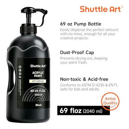 Shuttle Art Black Acrylic Paint, 69oz/2040ml Large Capacity Pump Bottle with Cover, High Coverage True Black, Fast Drying Non-Toxic Art Paint for Artists, Students, Kids & DIY Crafts - color: Black, size: 69 Fl Oz (Pack of 1)