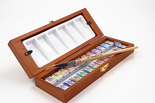 Professional Watercolor Paint Set - 24 Half Pan Highly Pigmented Transparent Water Color Paints with #4 Synthetic Water color Brush, Mixing Palette & Wooden Box Gift Watercolor Kit