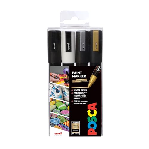 uni POSCA PC-5M Water-Based Paint Markers, Reversible Medium Tip (1.8-2.5mm), Assorted Colors, 4 Pack - color: Black, White, Gold, Silver, size: 1 Count (Pack of 4)