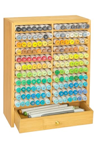 EpicGifts Alcohol Marker Organizer Storage for 168 Alcohol Markers With Marker Storage Drawer and Coloring Book Holder Slot - Bamboo Wooden Marker Storage Organizer