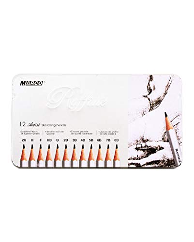 Graphite Pencils Kit Marco Raffine Sketch - Set of 12 Ebony Drawing Supplies 2H, H, F, HB, B, 2B, 3B, 4B, 5B, 6B, 7B, 8B In Tin Box. Perfect for Sketching, Shading. Suitable for School, Artists.