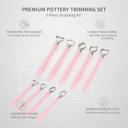 Wooden Pottery Trimming Tools, 5-Piece Sculpting Set for Clay Shaping and Detailing, Handheld Carving Kit for Wheel Throwing and Hand Building (Set of 5) - color: Pink