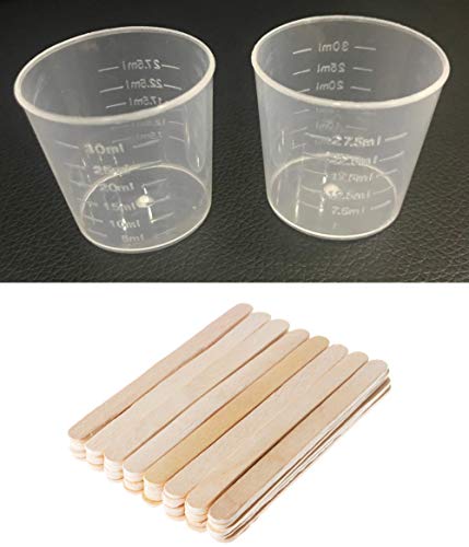 Kbraveo 100 Pack 30ml (1 OZ) Plastic Clear Graduated Cups Transparent Scale Cups Clear Measuring Cups with 100 Pack Wooden Stirring Sticks for Mixing Painting, Stain, Epoxy, Resin