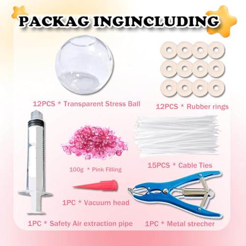 Dsyrvd 12PCS DIY Stress Ball Making Kit with Sealing Rubber Ring*12, Cable Tie*12, Balloon Expander Tool*1, Vacuum Tool*1, 100g Pink Filling Beads Great for Relieve Stress