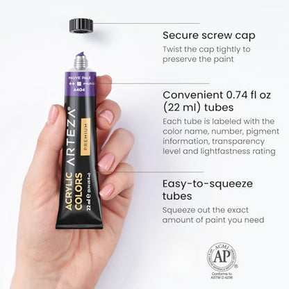 ARTEZA Acrylic Paint Set, 60 Colors in 22 ml Tubes, High-Viscosity Acrylic Paints with 5 Metallic Colors for Canvas, Wood, Paper, Mixed Media, Blending, Layering, and Texture - style: Set of 60 Colors (22 ml Tubes)