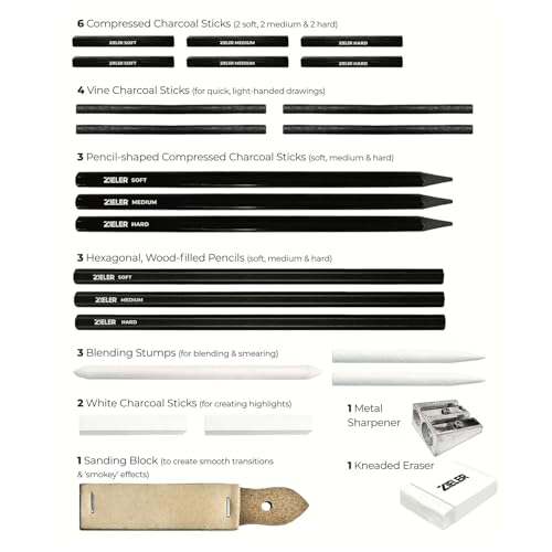 Zieler Artists Charcoal Drawing Set | 24-piece Gift Tin Set | The Ideal Starter Set
