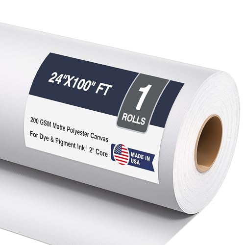 Matte Polyester Inkjet Canvas Roll - 200gsm / 15 Mils Bright White Wide Format Plotter Canvas for Commercial Decor, Dye/Pigment Ink Compatible, 2" Core (24"x 100ft) 1 Roll - color: Polyester 200 GSM Matte