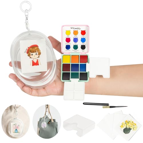 Woomer 9-Color Travel Watercolor Pan Set with Brush, Cup & Display Pouch | Beginner Hobbyist Friendly Kit with Vivid Colors, Foldable Brush, Clear Pouch & 5 Mixing Zones for Adult On-Location Painting - color: 9 Colors with Bags