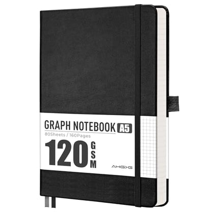 AHGXG Graph Grid Paper Notebook, 160 Pages, A5 Medium Size (5.7'' x 8.3''), 120 GSM Thick Paper, Leather Hardcover, for School, Students, Math, Engineering (Black) - color: Black, style: Grid