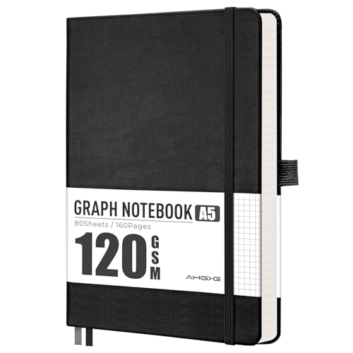 AHGXG Graph Grid Paper Notebook, 160 Pages, A5 Medium Size (5.7'' x 8.3''), 120 GSM Thick Paper, Leather Hardcover, for School, Students, Math, Engineering (Black) - color: Black, style: Grid