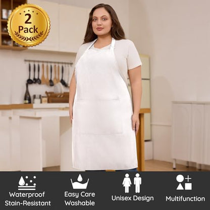 2 Pack Plus Size Waterproof Cooking Chef Apron with 2 Pockets for Men Women - color: White