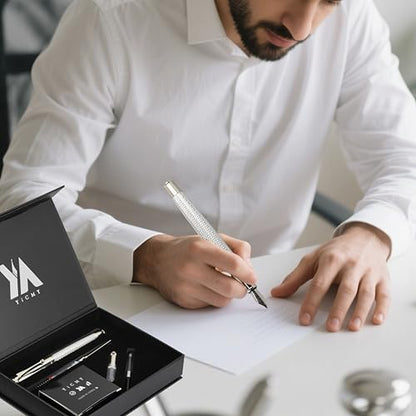 Fancy Fountain Pen Set – Fine & Medium Nibs, Includes 18 Ink Cartridges, Ink Converter, Syringe Filler, Luxury Gift for Writing, Journaling & Calligraphy，Silvery - color: silvery