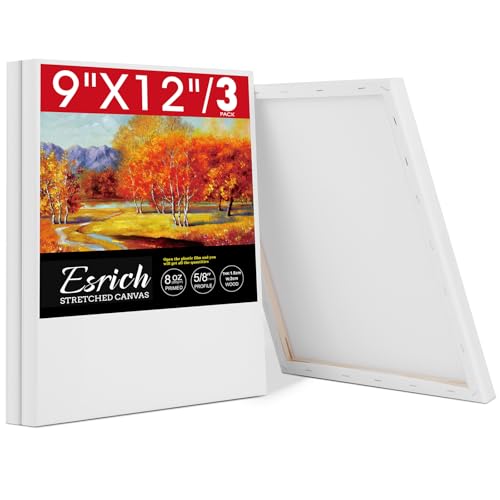 ESRICH Stretched Canvas for Painting, 3 Pack 9x12 Inch Canvas Value Pack,Primed Acid-Free Cotton Blank Canvases, Painting Canvas for Oil & Acrylic Paint. - size: 9x12in 3pack